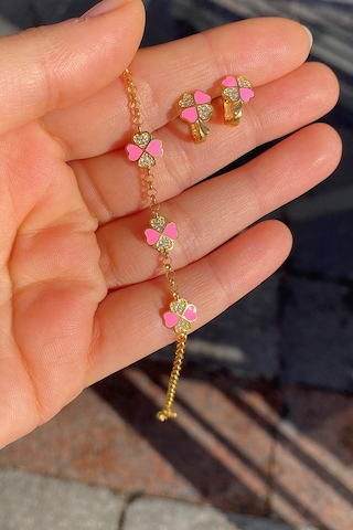 Gümüş Pembe Çocuk Yonca Küpe Bileklik Takım Diğer