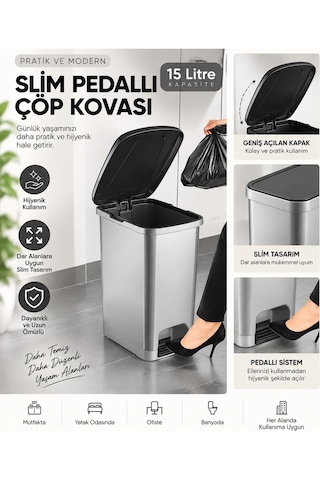 Slim Pedallı Banyo Mutfak Çöp Kovası - 15 Litre Gri