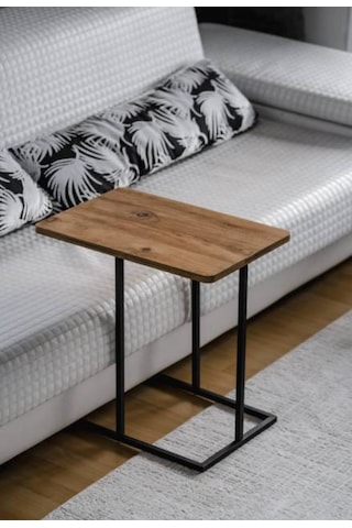 Metal Yan Sehpa Ahşap Raflı Koltuk Yanı Servis Sehpası C Sehpa