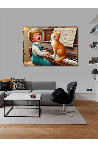 Kanvas Tablo Piyanist Kız Ve Kedi 100cmx140cm