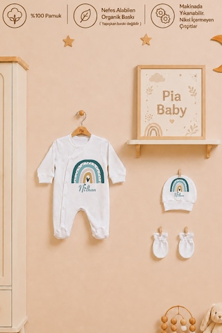 Pia Baby Kişiye Özel Erkek Bebek Tulum Set 4 Parça %100 Pamuk İsimli Organik Baskılı Battaniyeli 1095btyx Krem