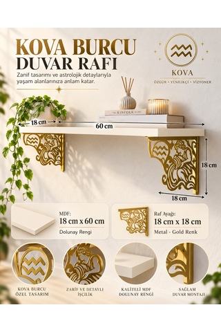 Kova Burcu Dekoratif Duvar Rafı Mdf Rengi Dolunay
