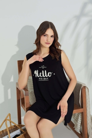 Guava Kadın Bisiklet Yaka Viskon Yırtmaç Detaylı Mini Gecelik Elbise - Homewear Siyah-beyaz