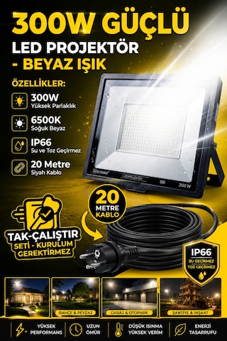 20 Metre Kablolu 300 Watt Seyyar Led Projektör Aydınlatma. Seyyar Aydınlarma Su Geçirmez Dış Mekan Ip66,beyaz Çok Güçlü Işık