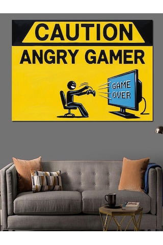 Sinirli Oyuncu Gamer Uyarı Levhası Dekoratif Kanvas - Mdf Ahşap Tablo