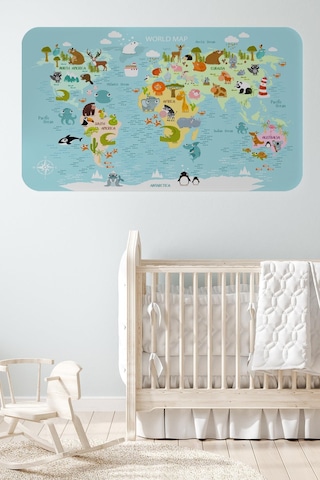 Eğitici Dünya Haritası Dünya Atlası Çocuk Ve Bebek Odası Duvar Sticker-60x105-3782 - Renkli Çok Renkli
