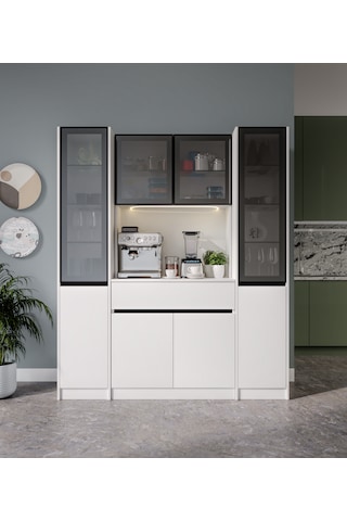 Lotus Maxi Kahve Köşesi Komple Mdf Led Aydınlatmalı Mutfak Kahve Dolabı Beyaz