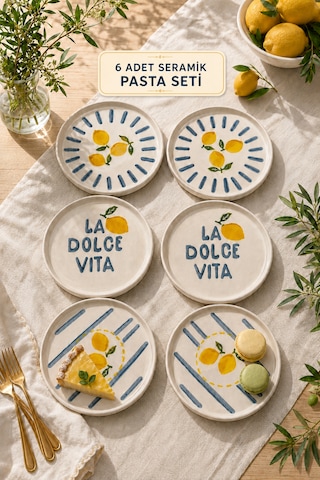 6 Adet Seramik Özel Tasarım Handmade Limon Pasta Tabak Seti - Tatlı Tabağı Set Çok renkli