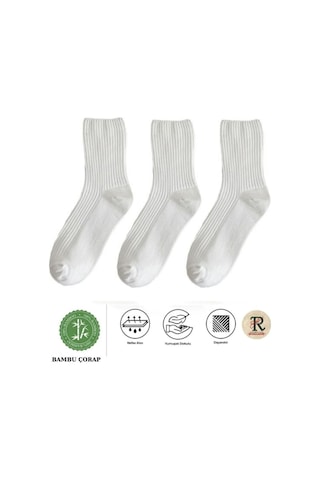 Trampler Unisex 3 Çift Lastiksiz Çizgili Bambu Çorap Beyaz Soket Çorap Sıkmayan Çorap Beyaz
