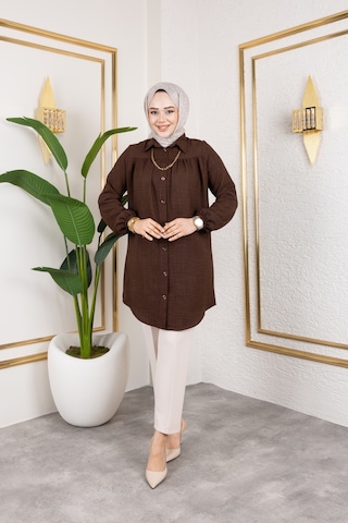 Önü Büzgülü Bilek Lastikli Tunik - Acı Kahve / Ü104 Acı Kahve Acı Kahverengi