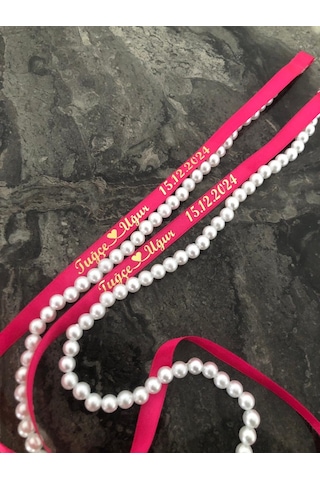 Dökülen İncili Isimli Yüzük Kurdelesi Söz Kurdelesi Fuşya