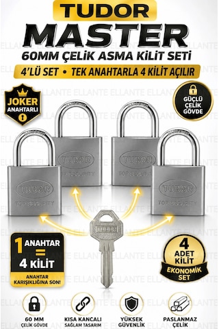 Master 4'lü 60 Mm Joker Anahtarlı Çelik Asma Kilit Seti - Tek Anahtarla 4 Kilit Açılır - Kısa Kancal