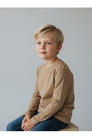 Zekids Erkek Çocuk Pamuklu Bisiklet Yaka Uzun Kollu Basic T-shirt-16775 Bej
