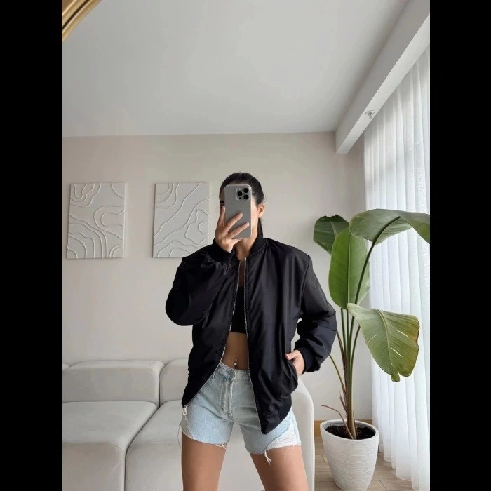Buğrahayalin Unisex İçi Astarlı Düz Bomber Ceket - Siyah Siyah