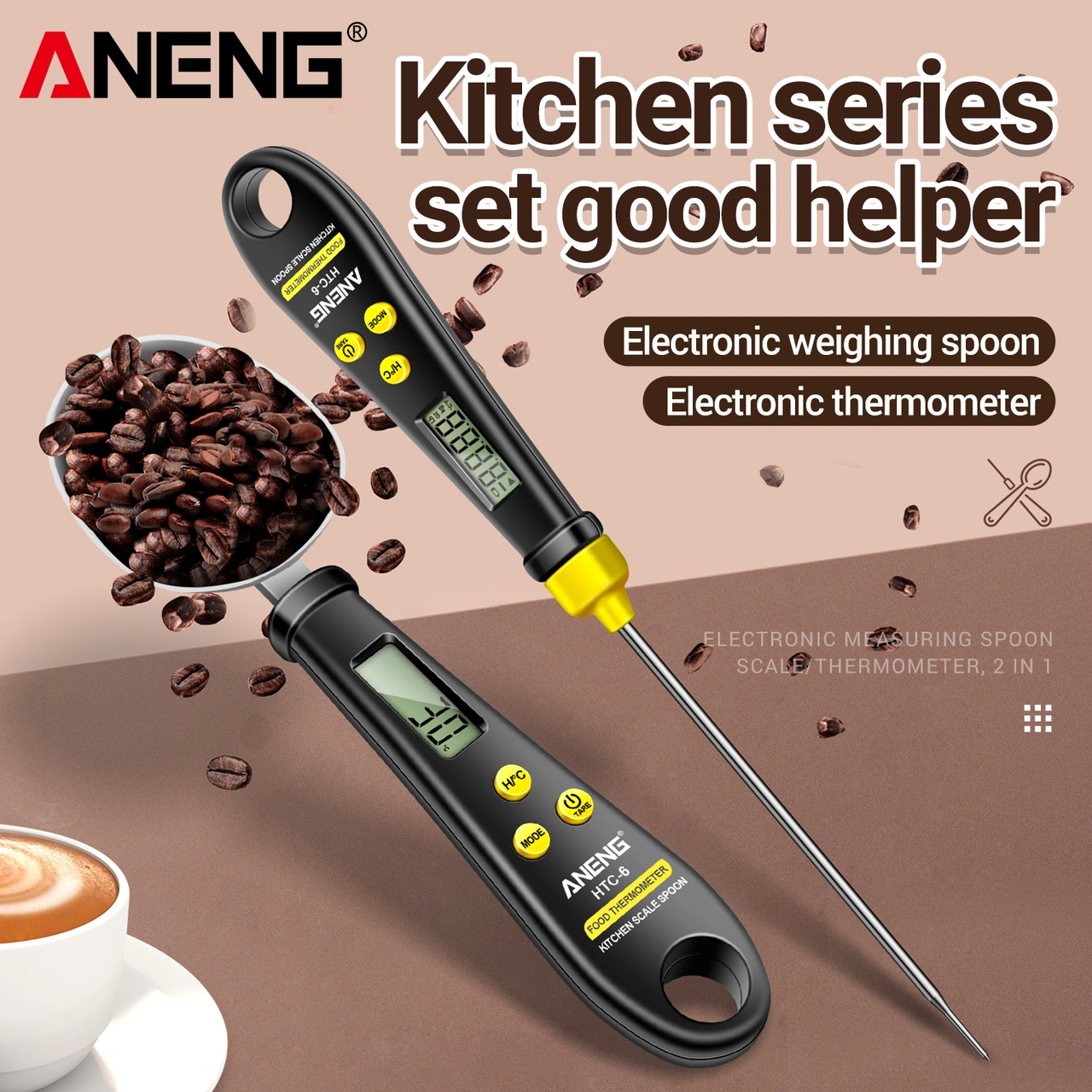 Skycity Aneng Htc-6 Dijital Ölçü Kaşığı Ve Mutfak Termometresi - 3 Birim G/oz/lb Ağırlık Ölçümü, Derece Kontrolü, Siyah, Cr2032 Pil Dahil