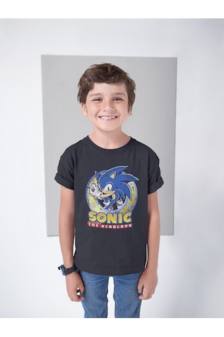 Sevbano Vintage Eskitme Sonic The Hedgehog Baskılı Unisex Çizgi Film Çocu Siyah