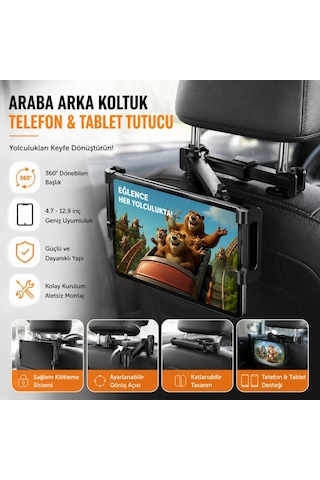 Polham Universal Araç Arka Koltuk Telefon Ve Tablet Tutucu 360 Dönebilen Telefon Standı Katlanabilir Siyah