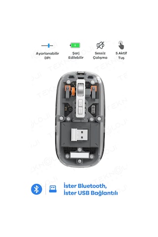 Kablosuz Mouse Fare Şarjlı Bluetooth Wireless Çift Modlu Sessiz 5 Tuşlu Şeffaf Dpı Kontrol Siyah 001