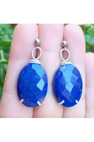 2742 Lapislazuli El Yapımı Çelik Aparatlı Küpe Lacivert