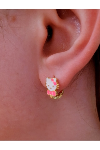 22 Ayar Altın Kaplama Pembe Fiyonklu Kedili Gümüş Çocuk Küpesi