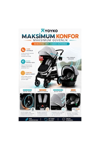 Yoyko Luxury İ-size Travel Sistem Bebek Arabası 3 İn 1 Gri Silver