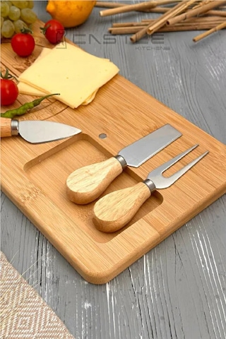 Bambu 4 Parça Peynir Sunum Tahtası Seti, Peynir Sunum Tahtası 38x19x2 Cm