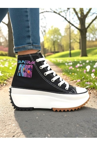 Ellaboni Demon Hunter Huntrix Çizim Baskılı Siyah Bilekli Kalın Yüksek Tabanlı Spor Ayakkabı Sneaker
