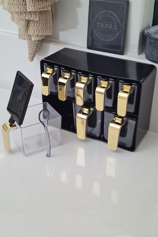 Herevin Sekizli Standlı Baharatlık Seti Gold Kulplu Siyah Kapak 161280-822 Gold - Siyah