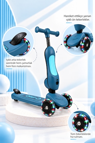 C-pro 2'si 1 Arada Katlanabilir Çocuk Scooterı Açık Mavi