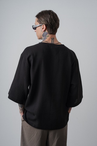 Respire Erkek R Nakışlı Fakir Kol Müslin Oversize T-shirt Siyah