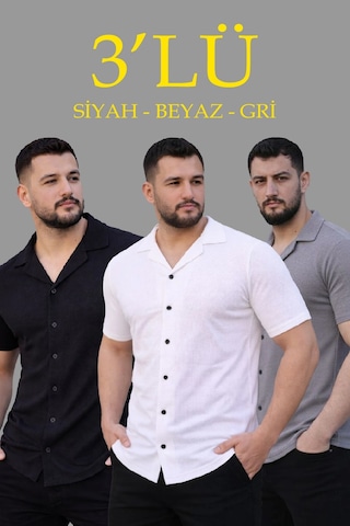 Barlashive Erkek Waffle Kumaş Yazlık Yakalı Kısa Kol Düğmeli Gömlek 3 Lü Set Siyah-beyaz-gri Çok Renkli