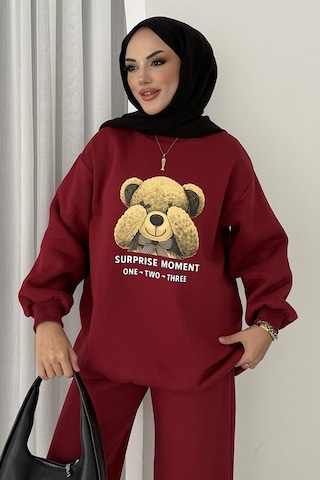 Bestenur Ayıcık Desen Üç İplik İkili Takım 1655 - Bordo Bordo