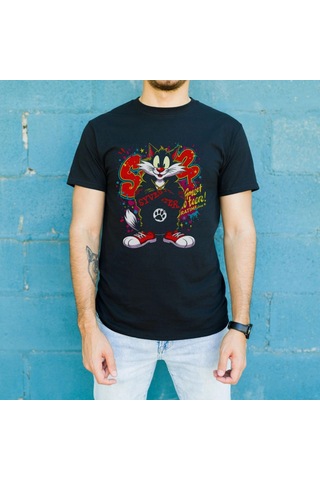 Freedom Store Sylvester Graffiti Baskılı Unisex Siyah Oversize Tişört - 24/1 Penye