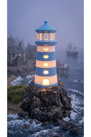 Dekoratif Tasarım Deniz Feneri Tealight - Açık Mavi - Beyaz Çok Renkli