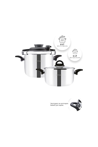 Emsan Vera 2'li Düdüklü Tencere Seti 4+6 Litre Siyah Gümüş - Siyah