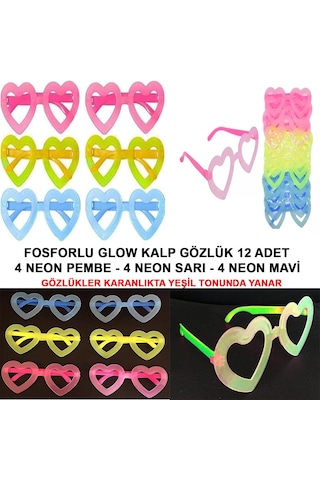 Buğz Fosforlu Kalp Model Glow Parti Gözlüğü Karanlıkta Yanan Gözlükler 12 Adet