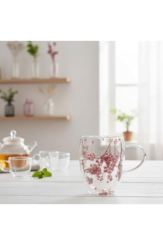 350ml Çift Cidarlı Çiçekli Kupa Isıya Dayanıklı Çift Katmanlı Cam Çay & Kahve Kupası Şık Ve Ergonomik Tasarım 6998