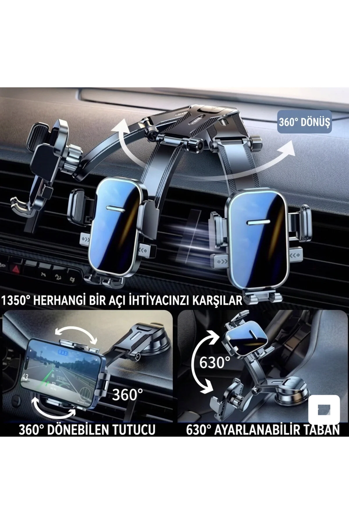 360 Dönebilen 1350 Ayarlanabilir Vantuzlu Araç İçi Telefon Tutucu 1