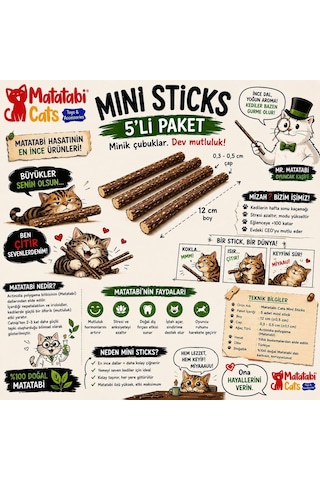 Ayrex Mini Sticks 5'li Doğal İnce Matatabi Çubuğu Kedi Oyuncağı İnce Çiğneme Çubuğu Kedi Diş Bakımı