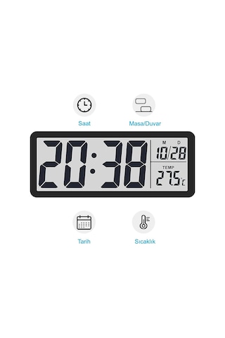 Modern Lcd Dijital Duvar Saati 20x8 Cm Usb Ve Pilli Zaman, Tarih, Sıcaklık Siyah