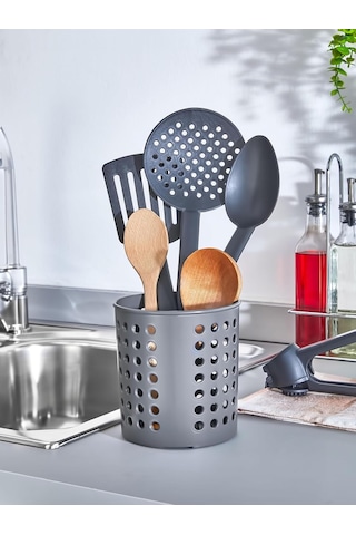 Plastik Silindir Dik Kaşıklık & Tezgah Üstü Düzenleyici & Servis Standı Antrasit Açık Ahşap