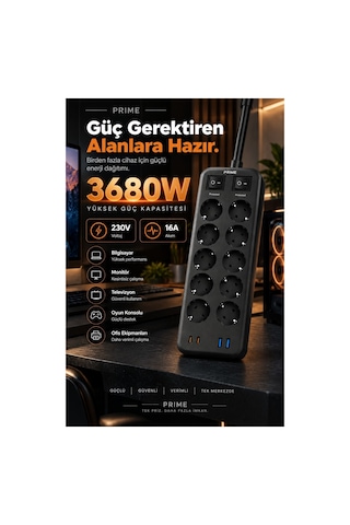 Robeve Fulltech Prıme 10 Lu Akım Korumalı Priz 3680w - 1050j Koruma, 2 Usb-c + 2 Usb-a, 2 Metre Kablolu, 1+1 Bağımsız Aç/kapa Anahtarlı Çoklu Uzatma Prizi Grup Priz 10'lu Priz 2 M
