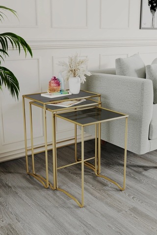 Retro 3 Lü Zigon Füme Camlı Gold Sehpa, Metal Sehpa, Salon, Yatak Odası, Antre Altın