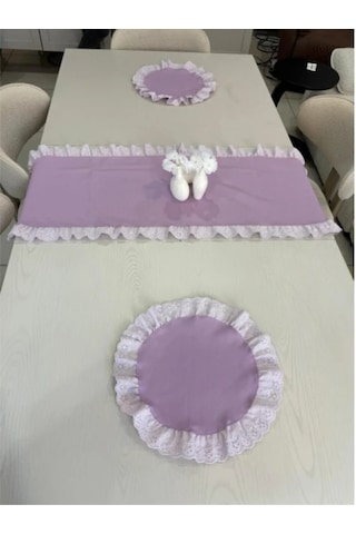 3 Parça Fisto Fırfırlı Set 2 Adet Yuvarlak Amerikan Servisi Supla + 1 Adet Fırfırlı Runner Mor