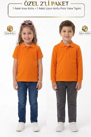 Nacar Store Unisex Çocuk Uzun Ve Kısa Kollu Polo Yaka Okul Tişörtü 2'li Set Turuncu