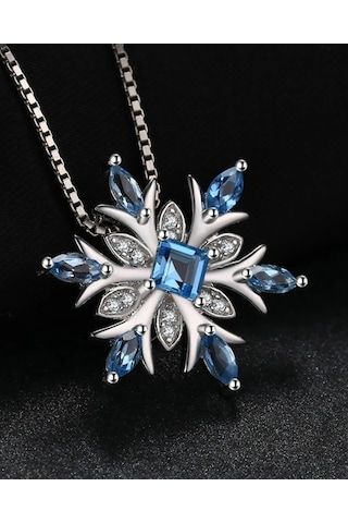Brezza Lusso Jewelry  Aquamarin Taşlı Özel Tasarım Kar Tanesi Kadın Gümüş Kolye 45 CM 45 CM