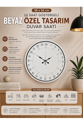 36 Cm Beyaz 24 Saat Göstergeli Özel Tasarım Duvar Saati 24 Saat Göstergeli Özel Tasarım