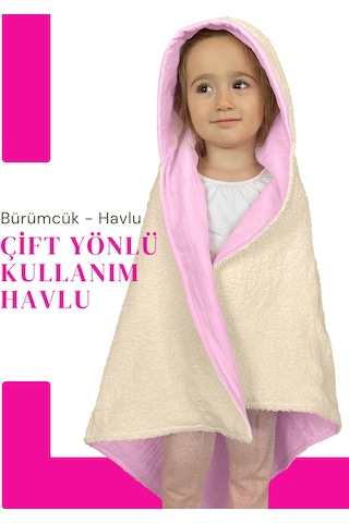 %100 Pamuk Kapşonlu Bebek Çocuk Banyo Havlusu Çift Yönlü P-bej