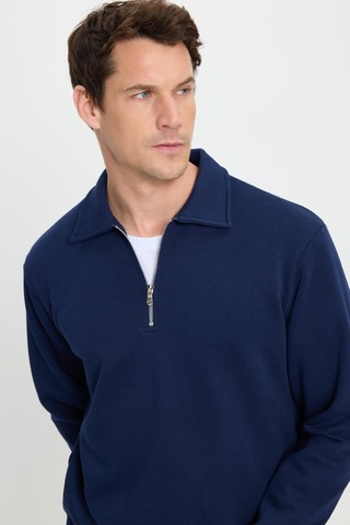 Tudors Erkek Relax Fit Rahat Kesim Pamuklu 3 İplik Fermuarlı Polo Yaka Lacivert Sweatshirt-41820 Lacivert