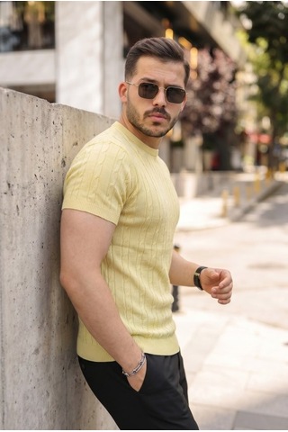 Veraura Lifestyle Erkek Örgü Desen Bisiklet Yaka Triko Tişört - %100 Pamuk Akrilik Açık Sarı